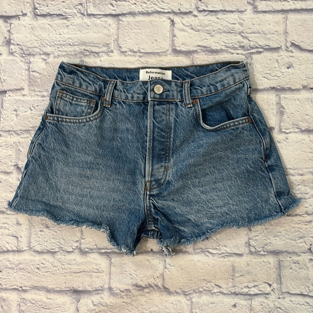 Reformation Charlie High Rise Denim Jean Shorts Cut Off Button Fly Micro Size 26